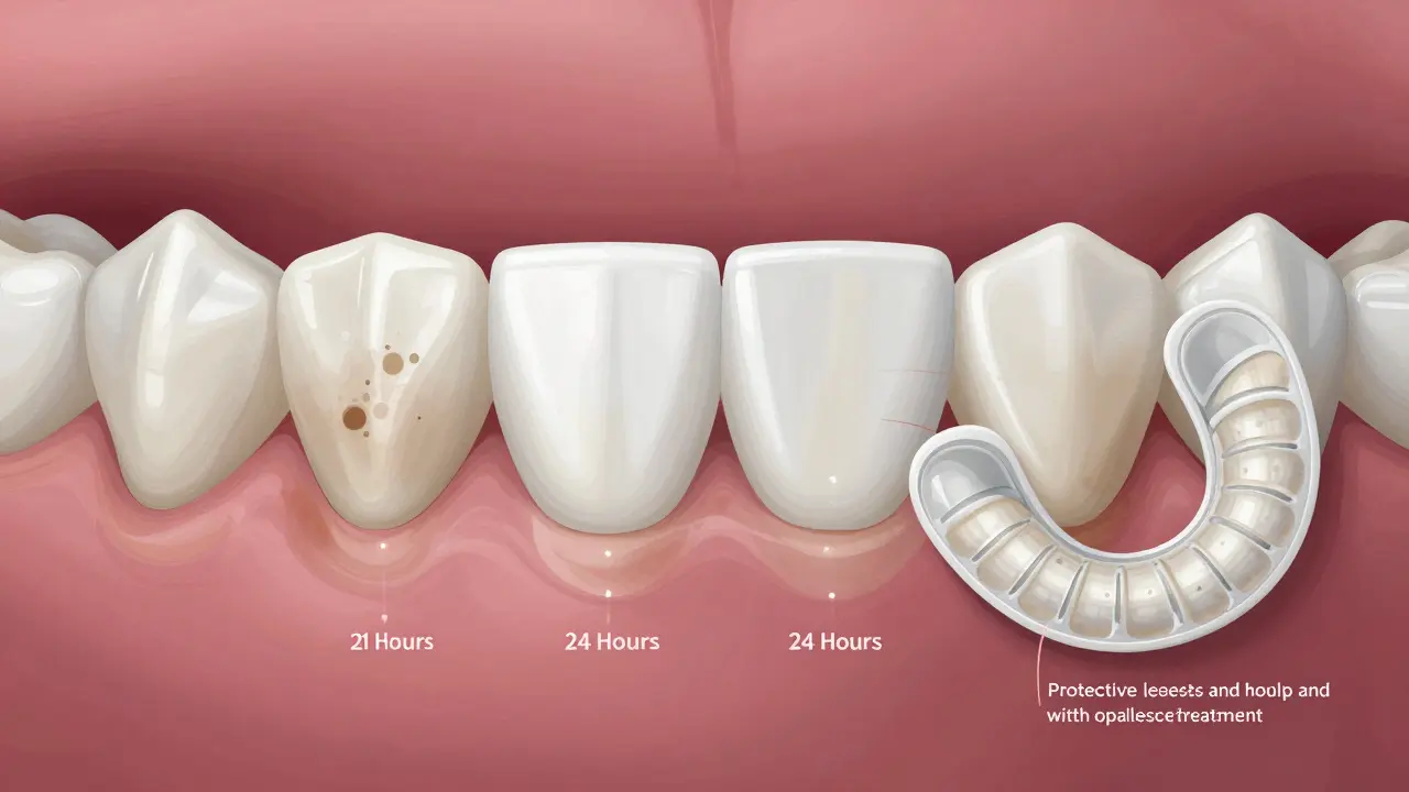 Ilustrace zubního emailu po bělení: průhledná struktura s barvivými skvrnami a ochrannou vrstvou, bez textu.