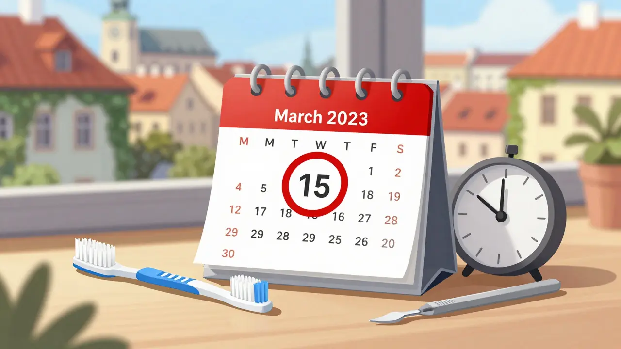 Kalendář s označeným termínem pro roční očistku zubů a zubní potřeby.