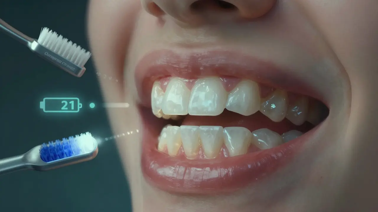 Koncepční obrázek zubu s čistými zuby a zdravými dásněmi s detaily kartáčku Curaprox.