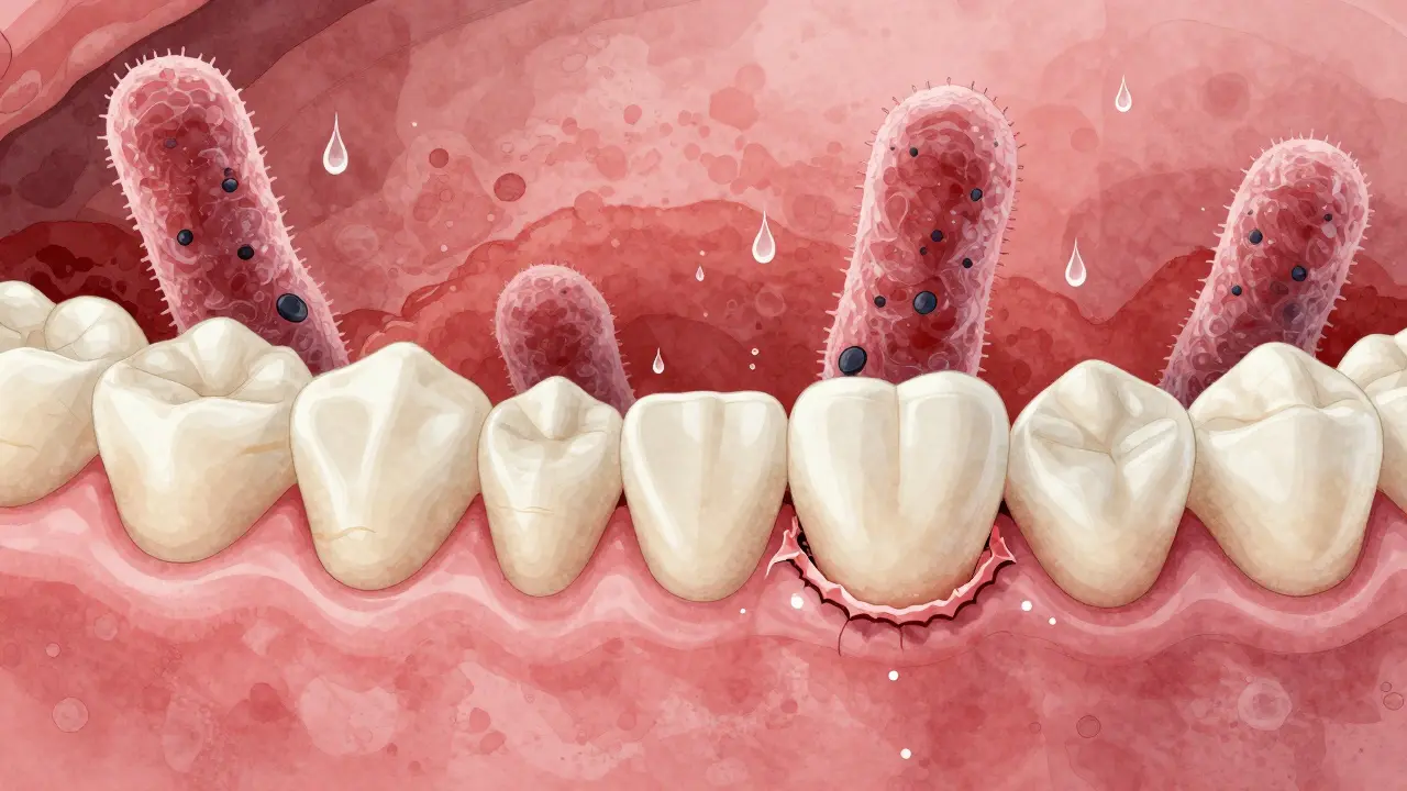 Mikroskopický pohled na bakterie na zubech a zánětlivé dásně během menopauzy, s viditelným zubním kamenem a nedostatkem sliny.