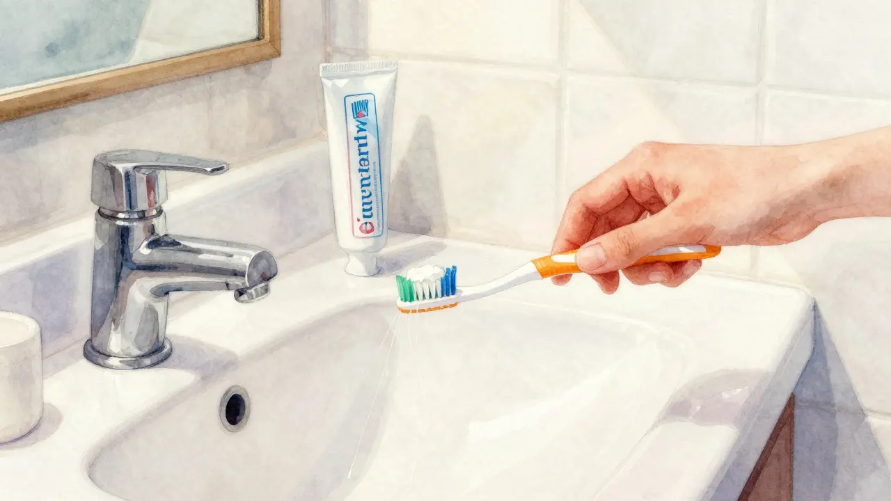 Osoba čistí zuby kartáčkem a zubní nití