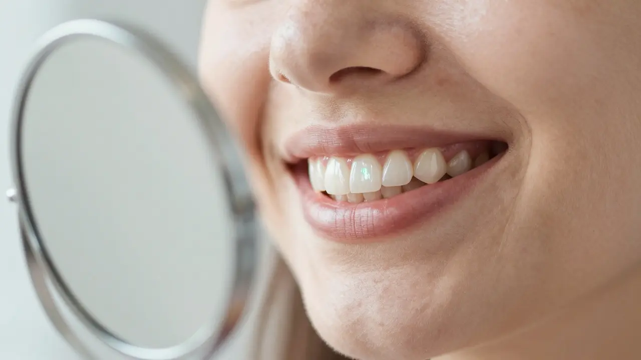 Pacientka se dívá do zrcadla a usmívá se na nové fazety.