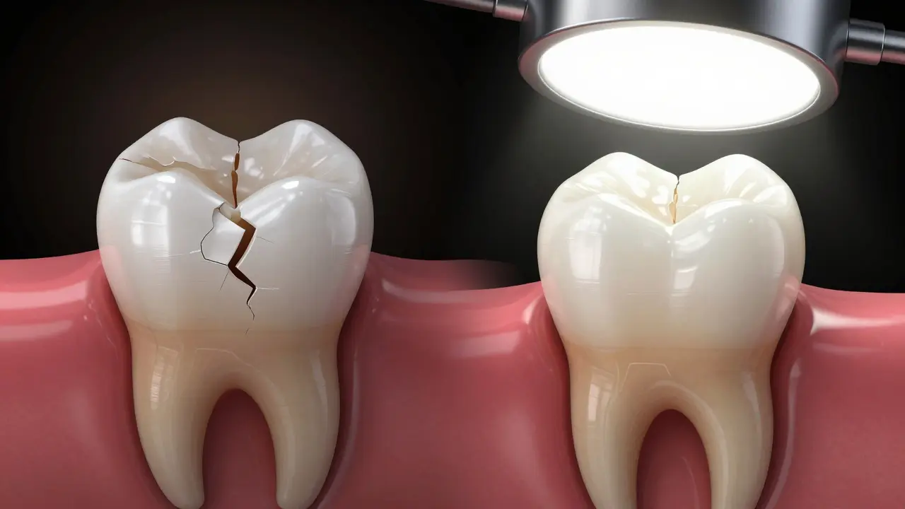 Porovnání dočasného a trvalého zubního cementu v zubu.