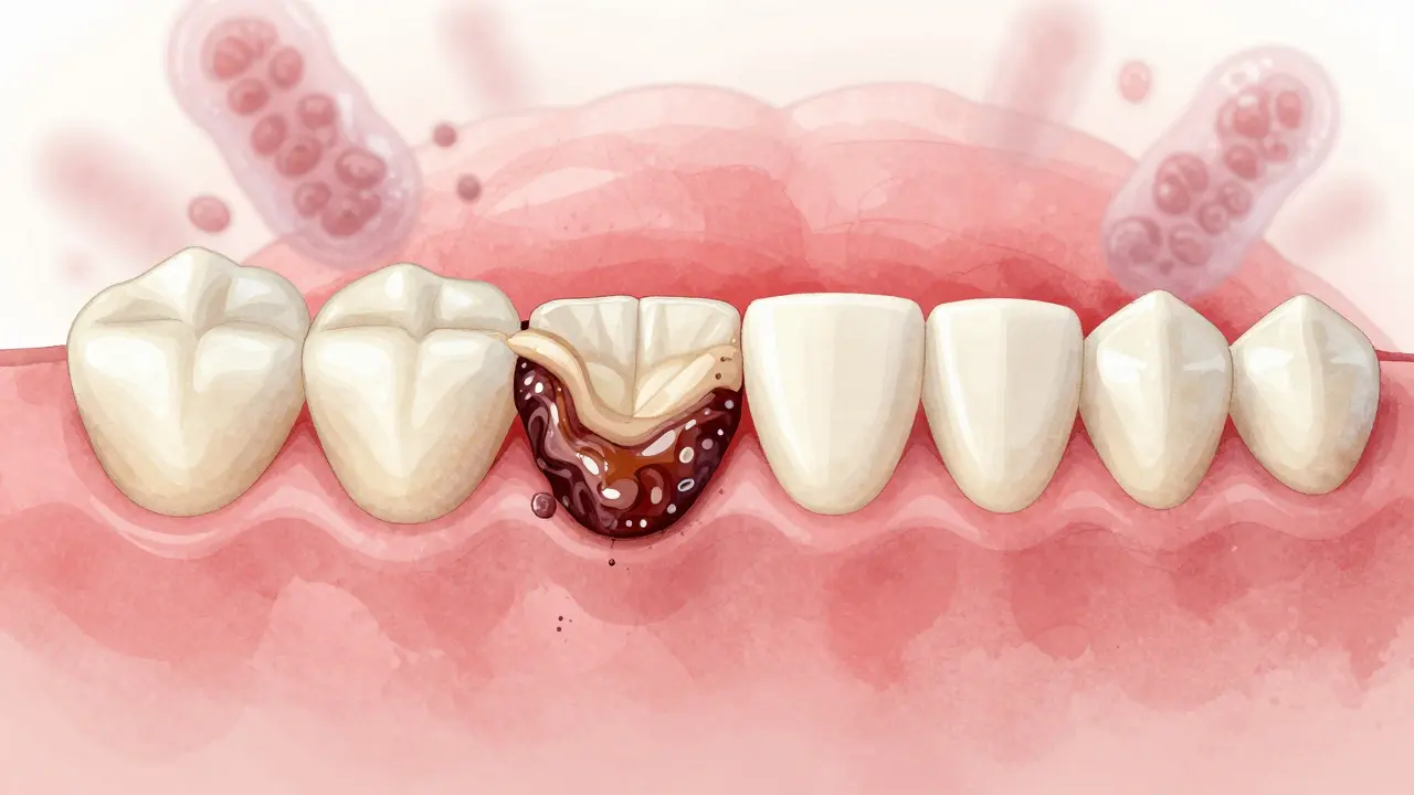 Porovnání zubního kamene a čistého zubního emailu v jedné kompozici.