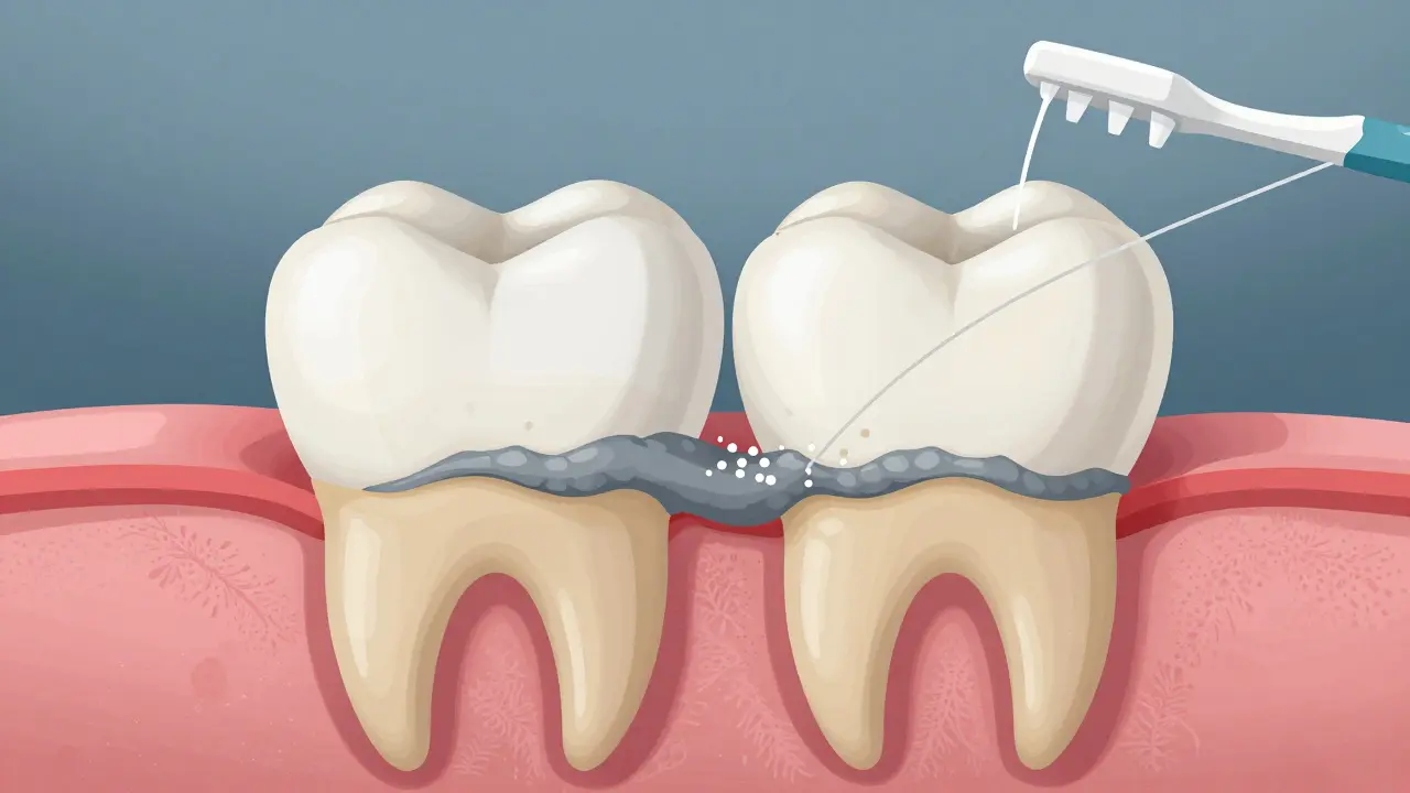 Průřez dvou zubů s bakteriálním biofilmem a odstraněním plaku zubní nití.