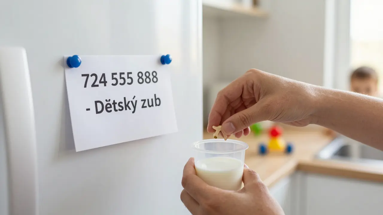 Rodič ukládá vypadlý zub do plastového kontejneru s mlékem na lednici s číslem pohotovosti přilepeným na dveřích.