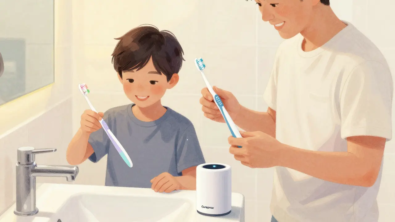 Rodina používá kartáčky Curaprox společně v koupelně s jednou nabíječkou.