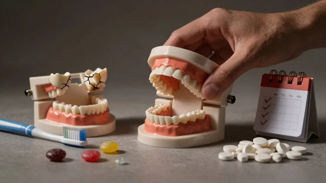 Ruka klade noční ochrannou štětinu na model rekonstruovaného chrupu vedle symbolů péče a zanedbání.