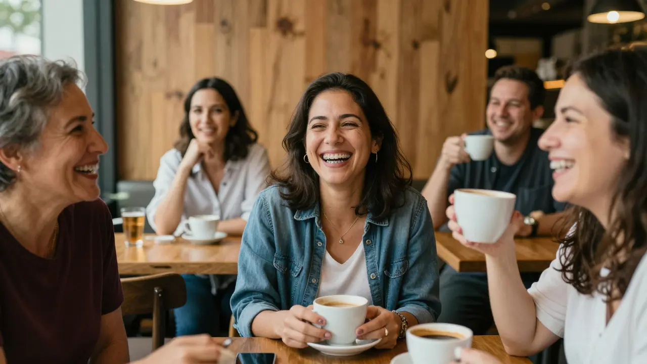 Skupina dospělých lidí se směje v kavárně, všichni s jasnými rovnátky, přirozený moment radosti.