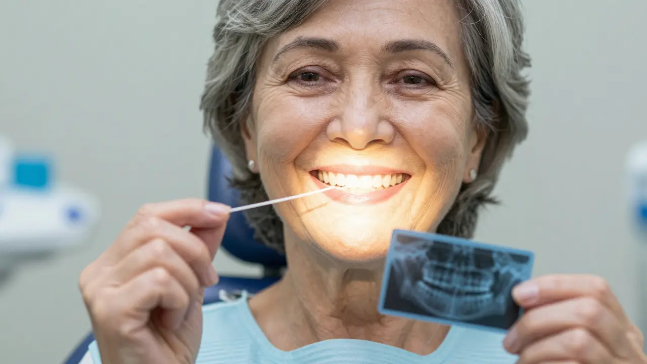 Starší žena se široce usmívá, drží zubní nit a rentgenový snímek zdravých zubů.