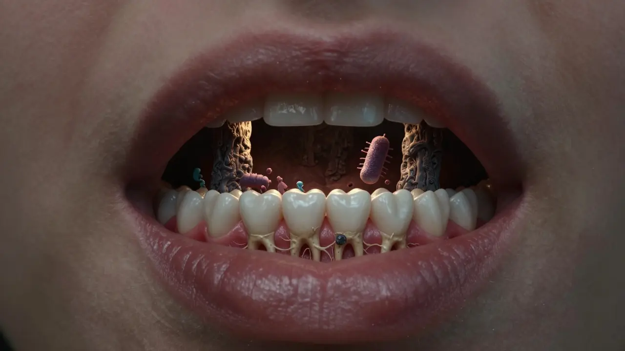 Symbolický obraz skrytého světa pod dásní, kde kámen poškozuje kost a zubní kořeny.