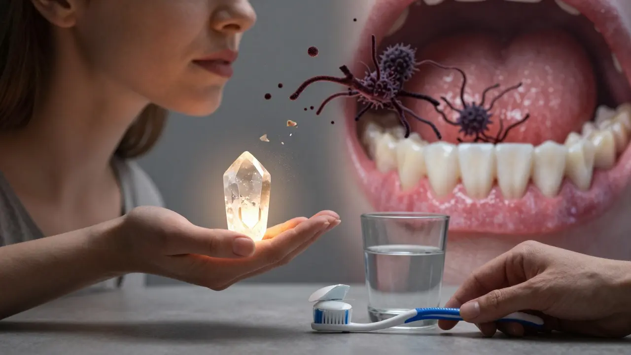 Symbolický obraz ztráty estrogenu, který vede k šíření bakterií směrem k čelisti, zatímco opatření zdraví zubů způsobují obnovu.