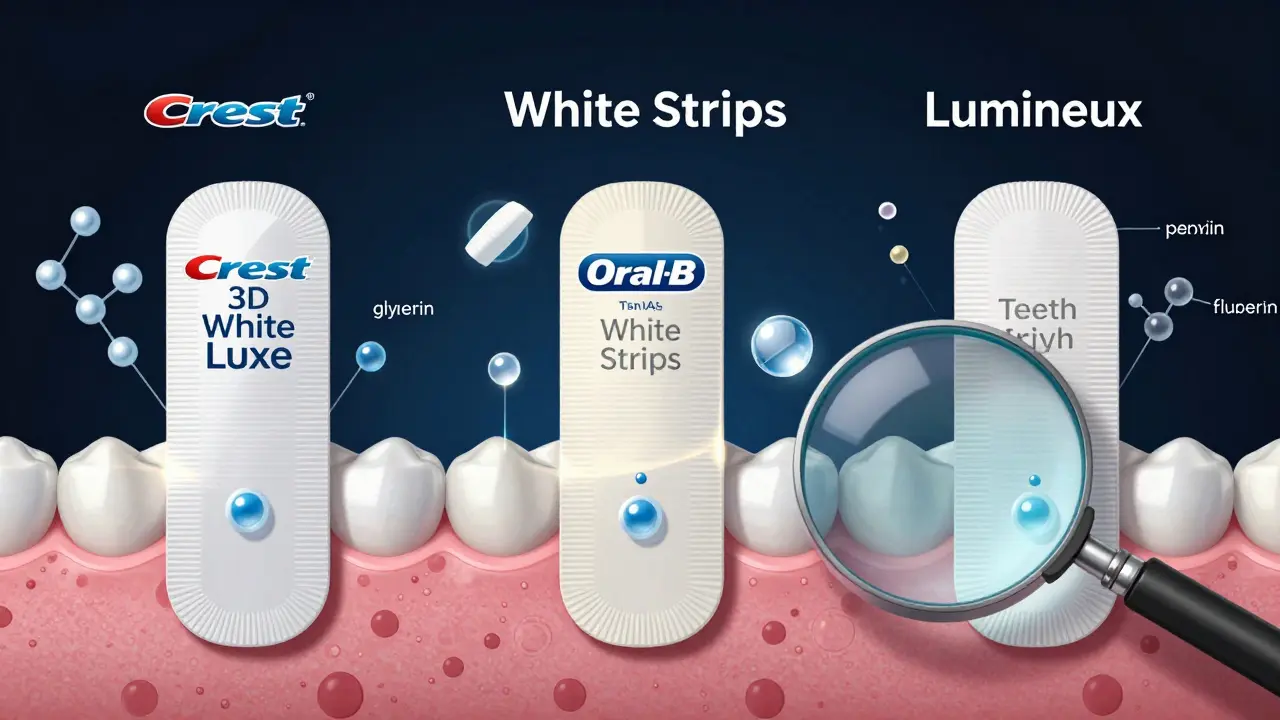 Tři značky bělicích pásek s molekulárními strukturami peroxidu a fluoridu v laboratorním prostředí.