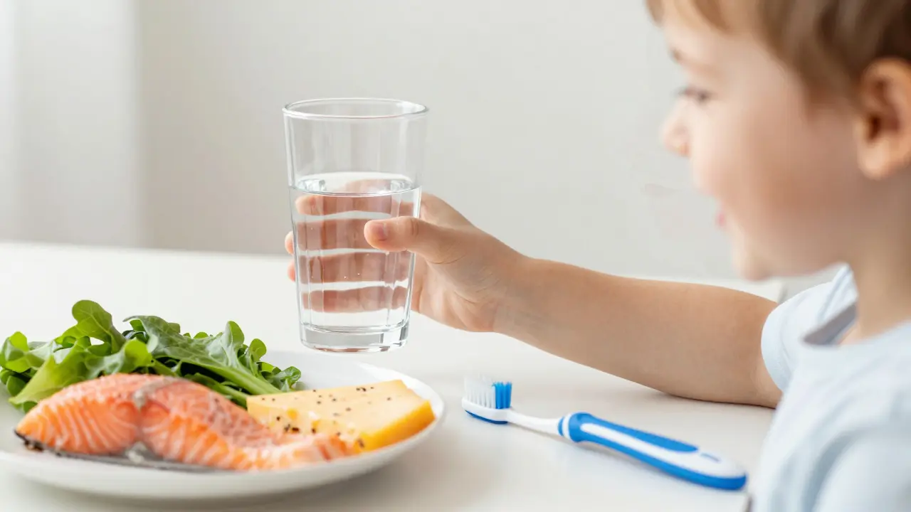 Zdravá strava a nástroje pro růst zubů: ryba, sýr, voda a kartáček Curaprox.