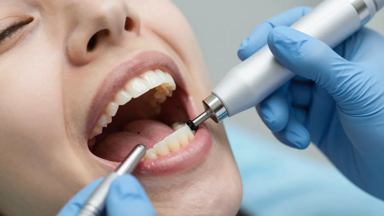 Zubní lékař odstraňuje zubní kámen ultrazvukem