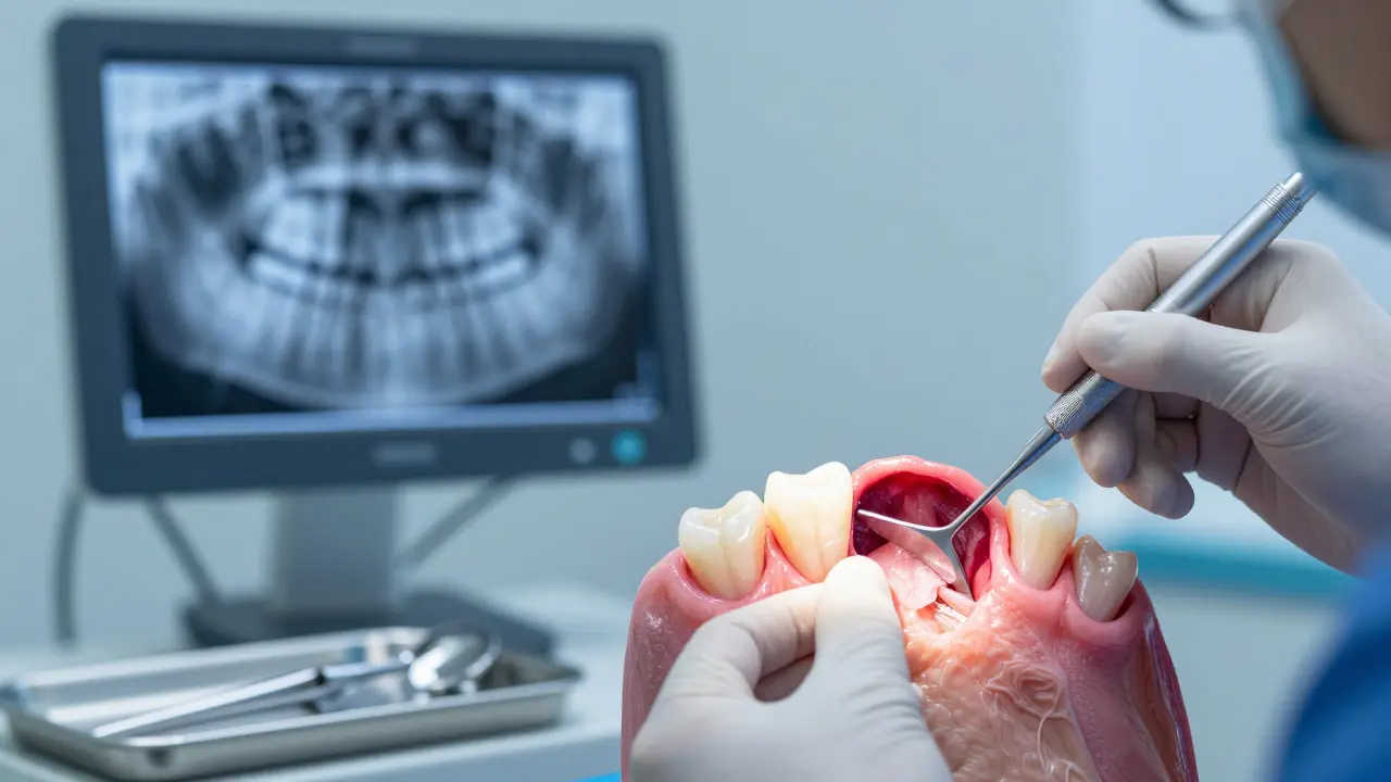 Zubní lékař vyšetřuje zánětlivé dásně sondou, na pozadí rentgenový snímek s poklesem kosti.