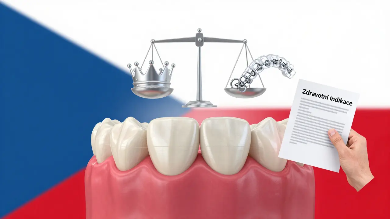 Abstraktní znázornění zubního problému s symboly léčby a dokumentu pro proplacení.