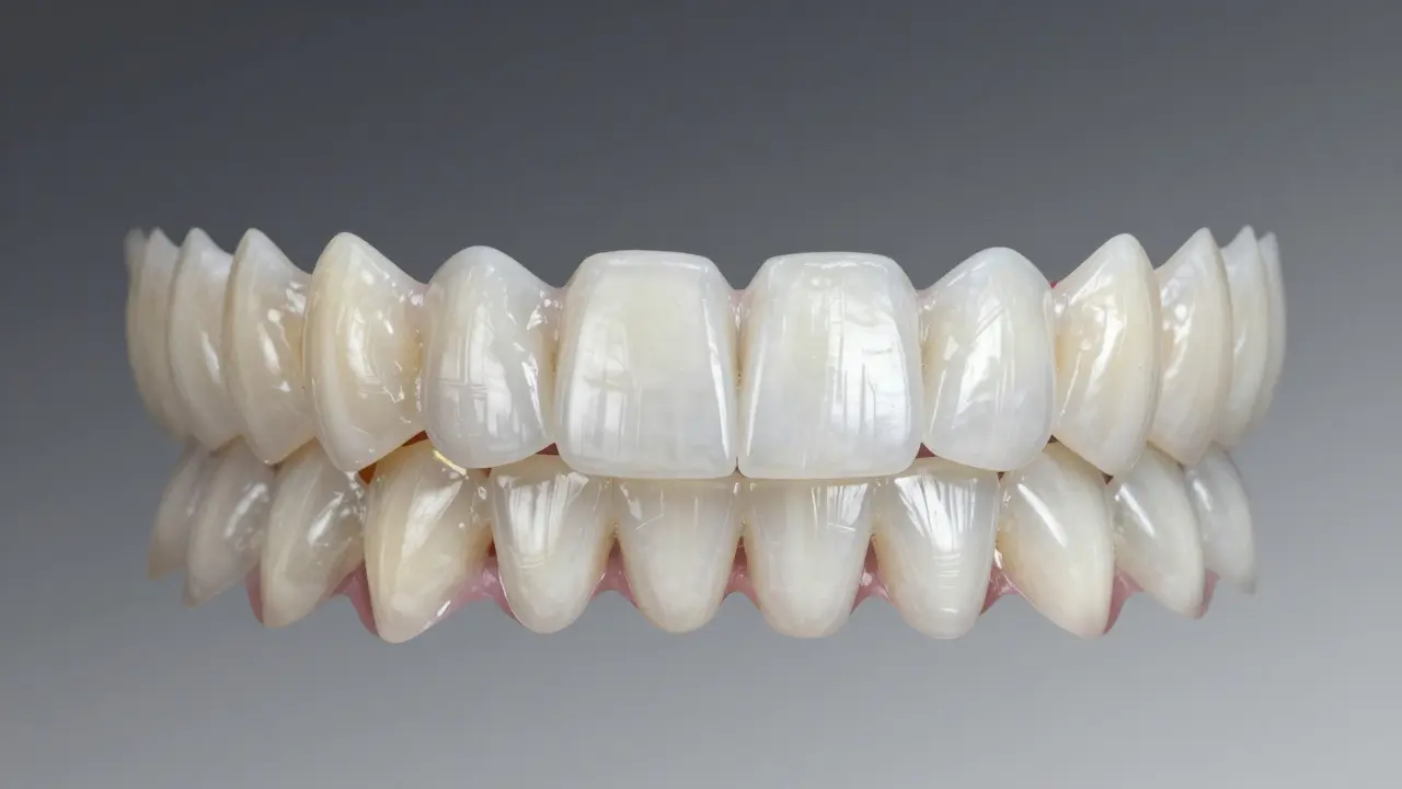 Before-and-after view of a smile transformed by ceramic veneers, highlighting natural tooth appearance.