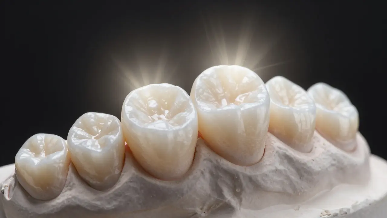 Close-up of a single ceramic veneer on a dental mold, showing lifelike translucency and fine texture.