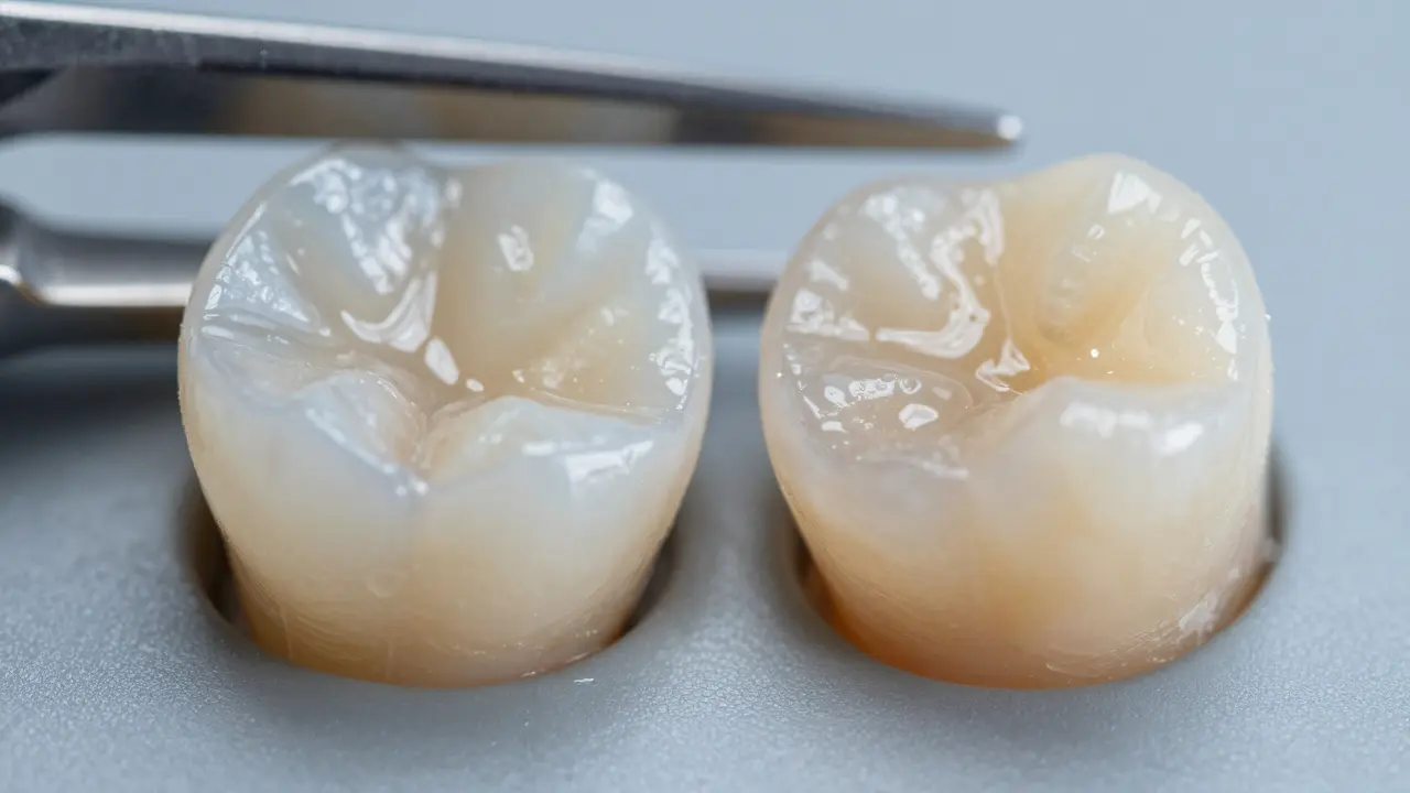 Detailní makro záběr na materiál zubních vinyrů.