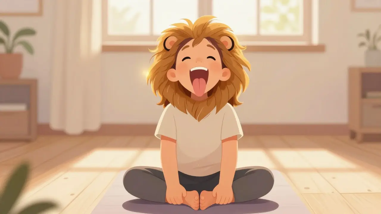 Dítě dělá Lvičí postavu s vystrčeným jazykem, uvolňující napětí v čelisti.