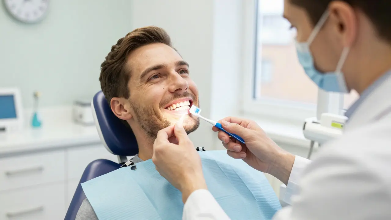 Dospělý muž v zubní klinice s kartáčkem a nití, ukazující prevenci.