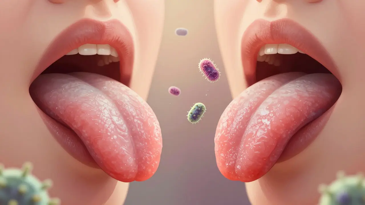 Dvě strany jazyka: jedna pokrytá plakem, druhá čistá, s mikroskopickými bakteriemi odplouvajícími do vzduchu.