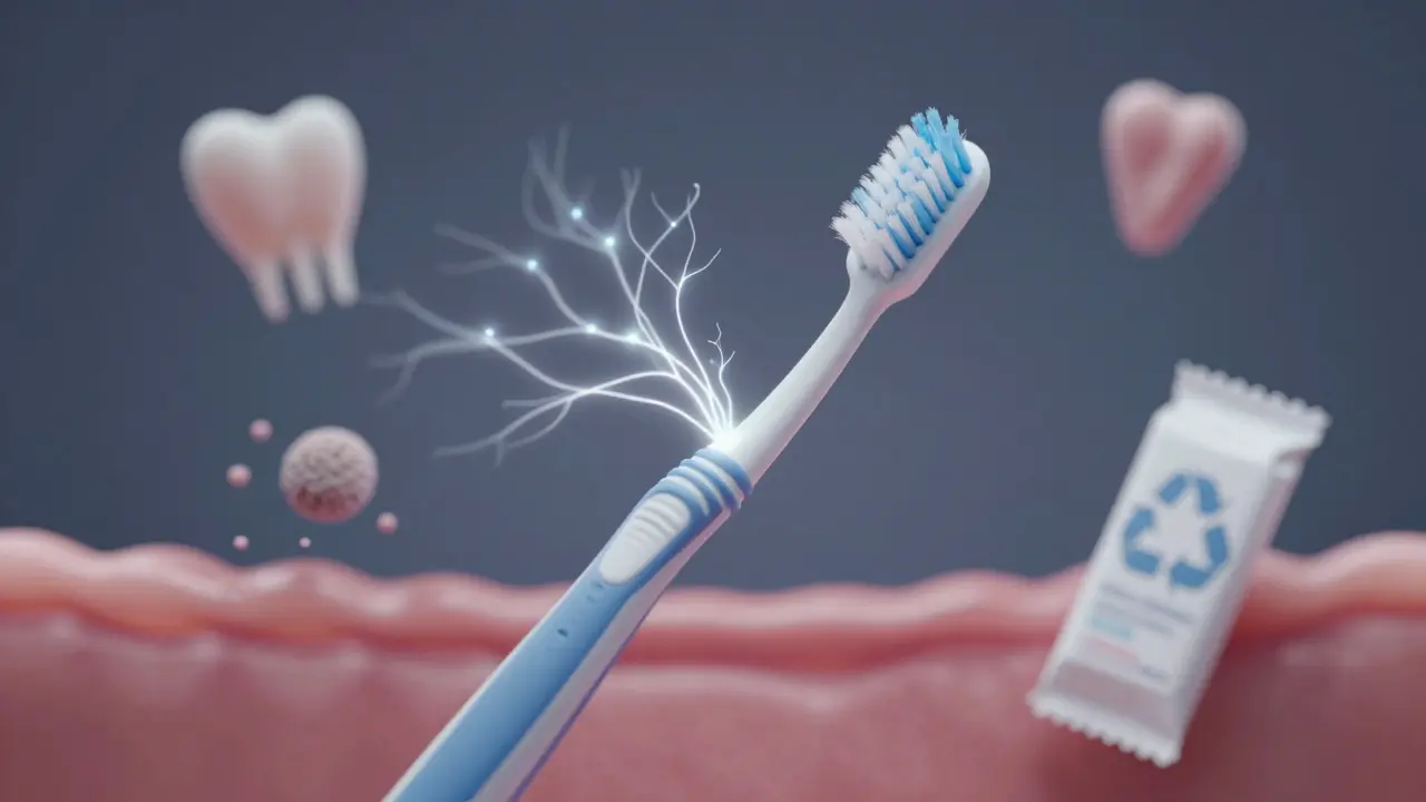 Kartáček Curaprox s 5460 štětinami ve vzduchu, symbolizující chytrou ústní hygienu a environmentální odpovědnost.