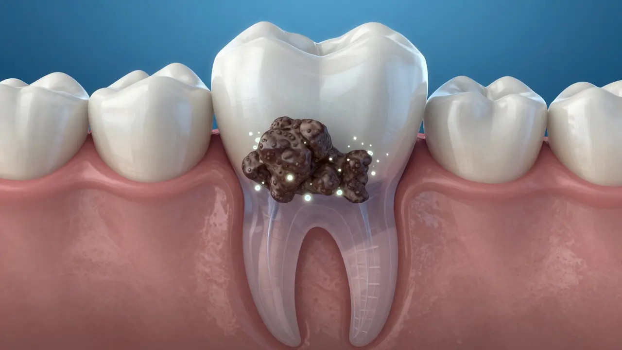 Kořen zubu s odumírající kostí a kamenem pod dásní.