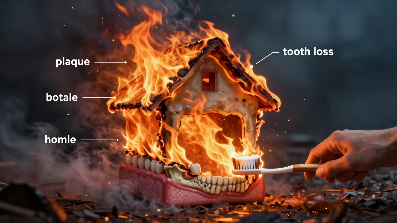 Metaforický obraz požáru v ústech: zánět dásní ničí zuby, zubní štětec zhasíná oheň.