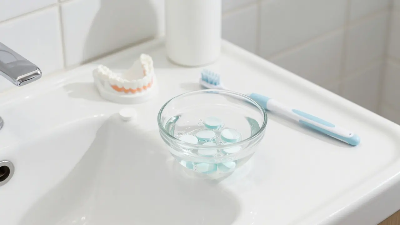 Miska s vodou a čistícími tabletami vedle speciálního kartáčku na protézu.