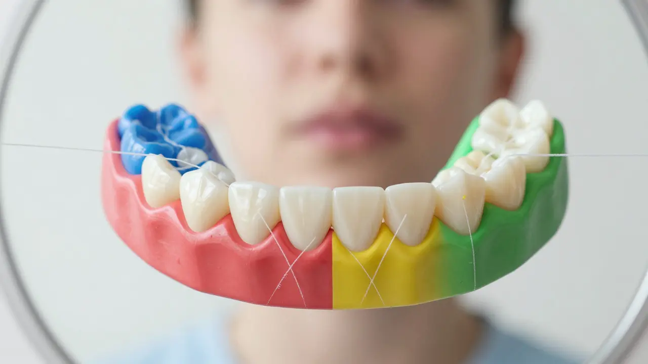 Pohled shora na zubní oblouk rozdělený do barevných zón pro každý typ zubu s cestami čištění.