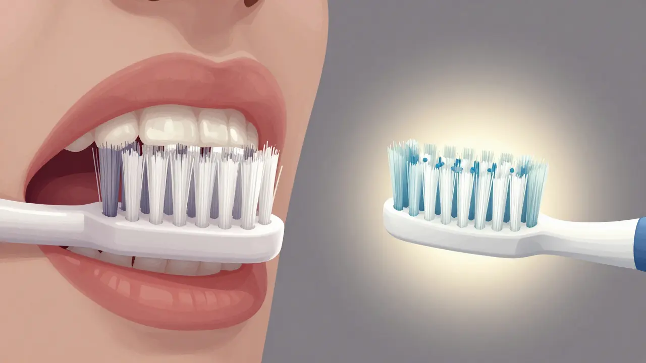 Porovnání běžného kartáčku s tvrdými štětinami a Curaprox s jemnými štětinami, zdůrazňující rozdíl v dopadu na dásně.