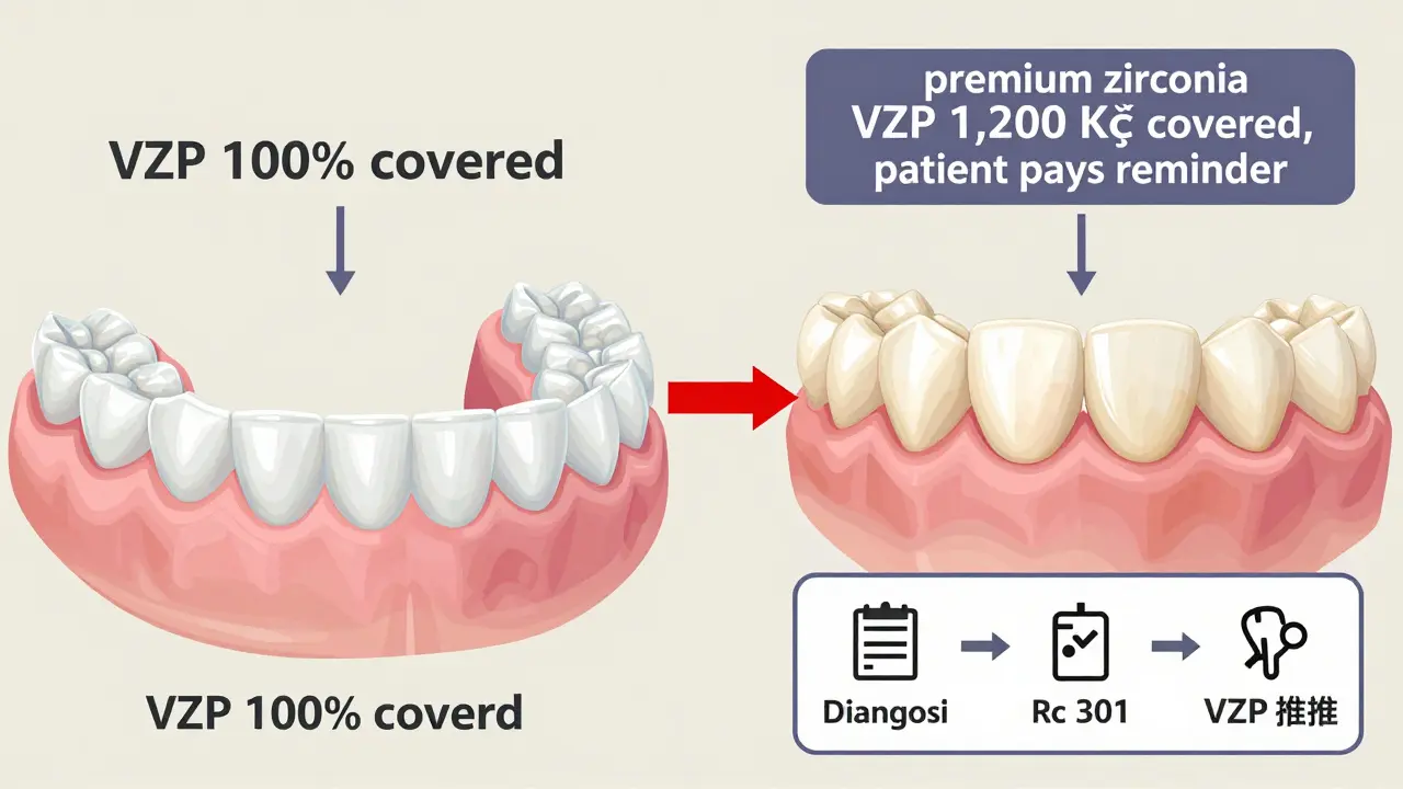 Porovnání základní a vyšší zubní náhrady s vyznačenými částkami proplacení VZP.