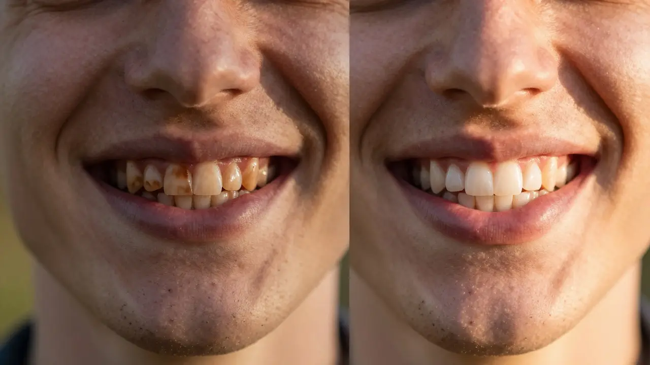 Před a po: šedé zuby vlevo, bílé zuby vpravo v přirozeném světle.