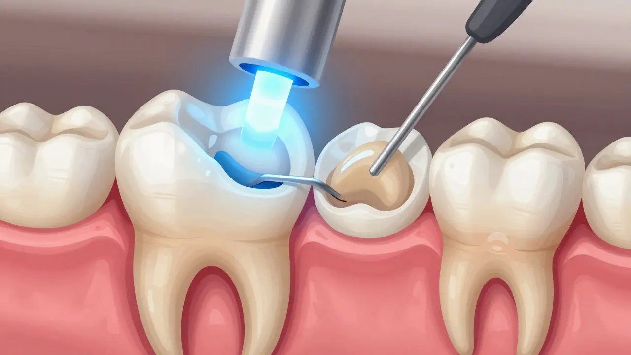 Příčný řez zubu ukazující proces výměny kompozitní plomby s použitím léčivého světla.