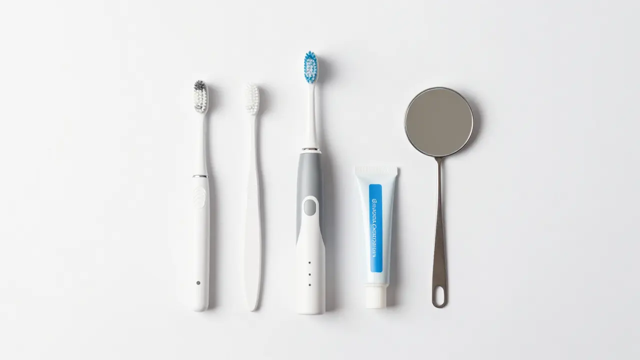 Příslušenství pro denní ústní hygienu na bílém podkladu.