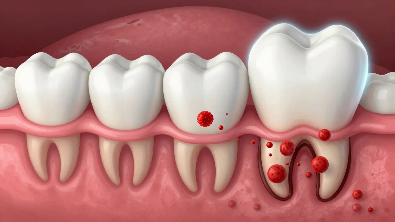 Průřez zubu a dásně s kamenem pod dásní a ničením kosti bakteriemi.