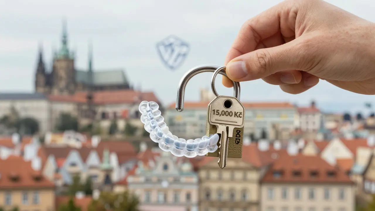 Ruka klíčem otevírá zámek ve tvaru rovnátek, symbolizující přístup k proplacení 15 000 Kč od VZP.