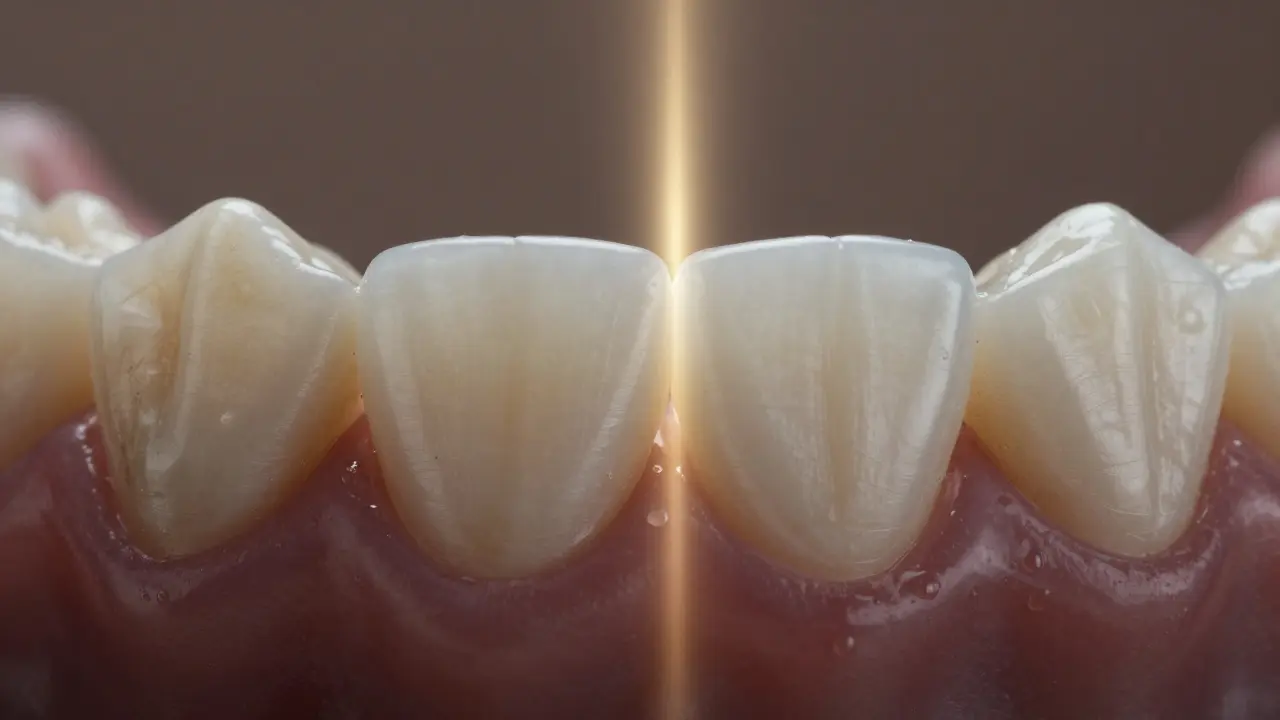 Side-by-side comparison of a dull tooth and a restored tooth with ceramic veneer.