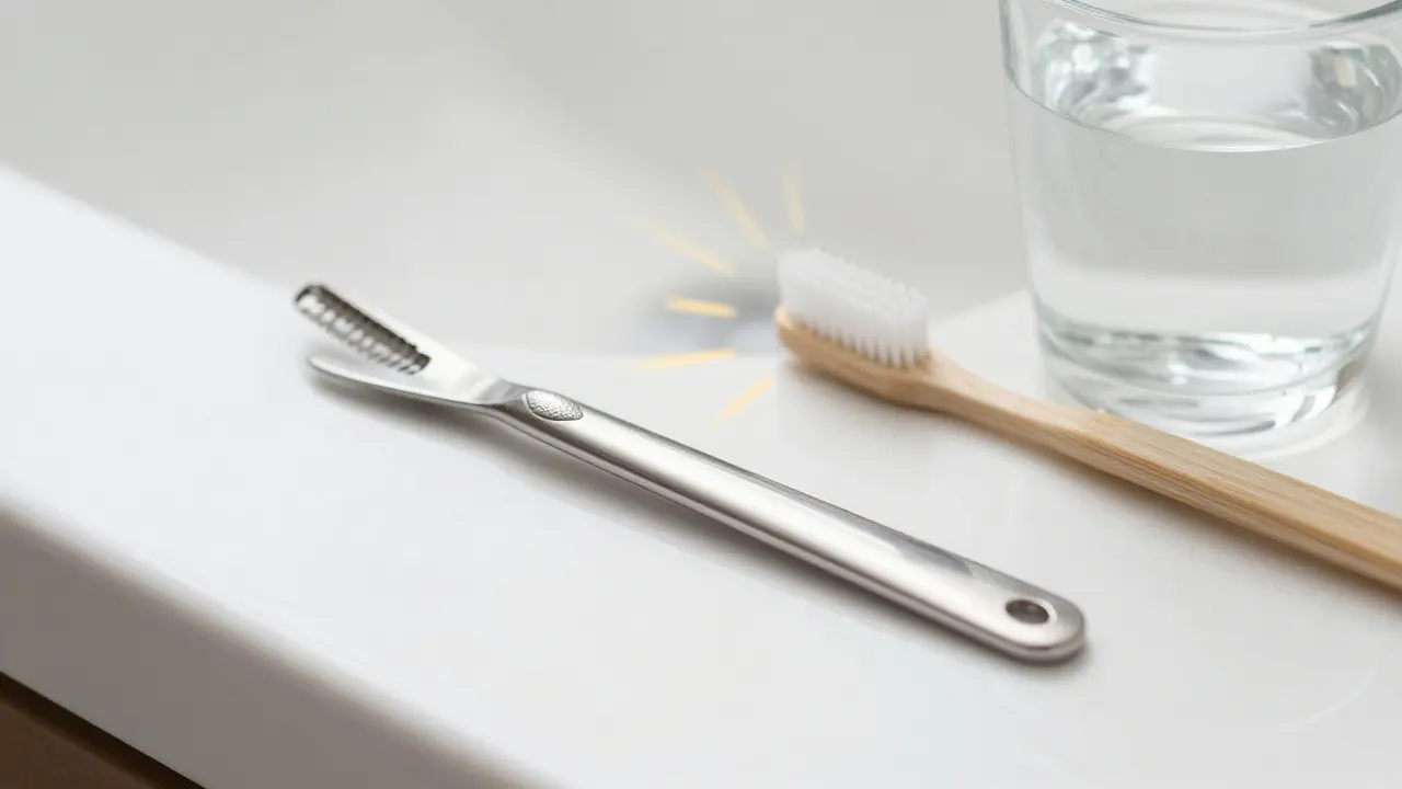 Škrabka na jazyk položená vedle zubní kartáčky a sklenice vody na bílé ploše.