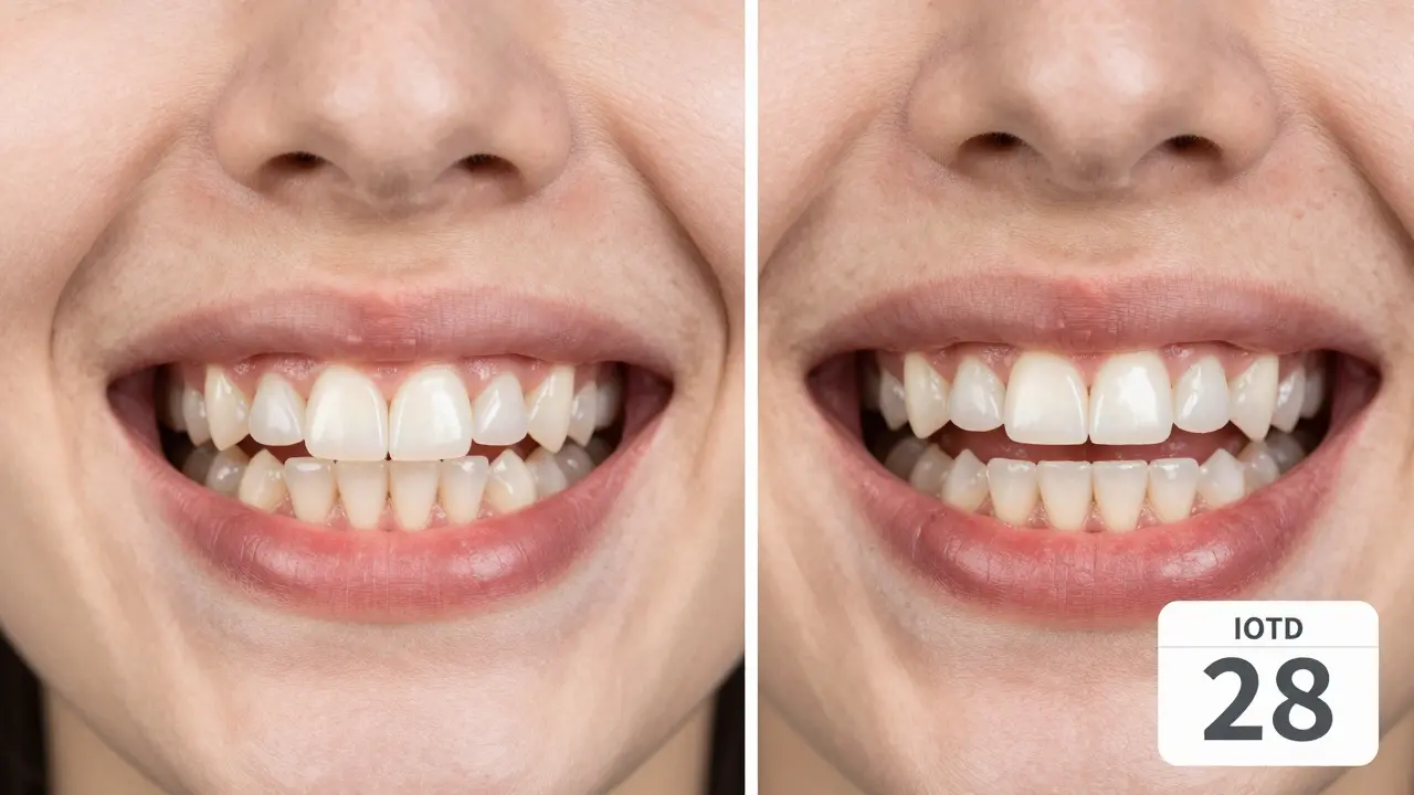 Srovnání před a po: špatný úsek zubů vlevo a správně zarovnané zuby vpravo s označením IOTD 28.
