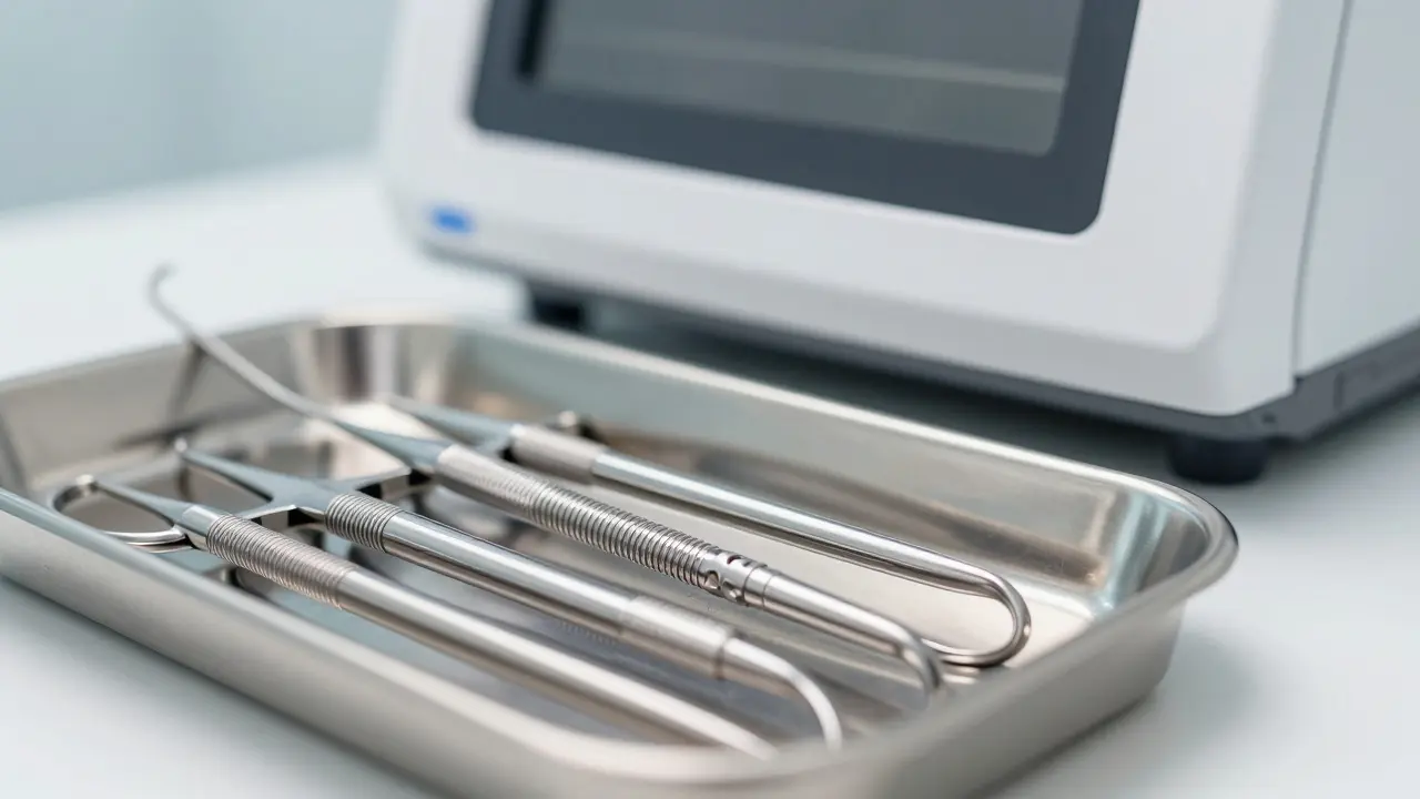 Sterilní dentální nástroje a přístroj na dezinfekci v klinickém prostředí.