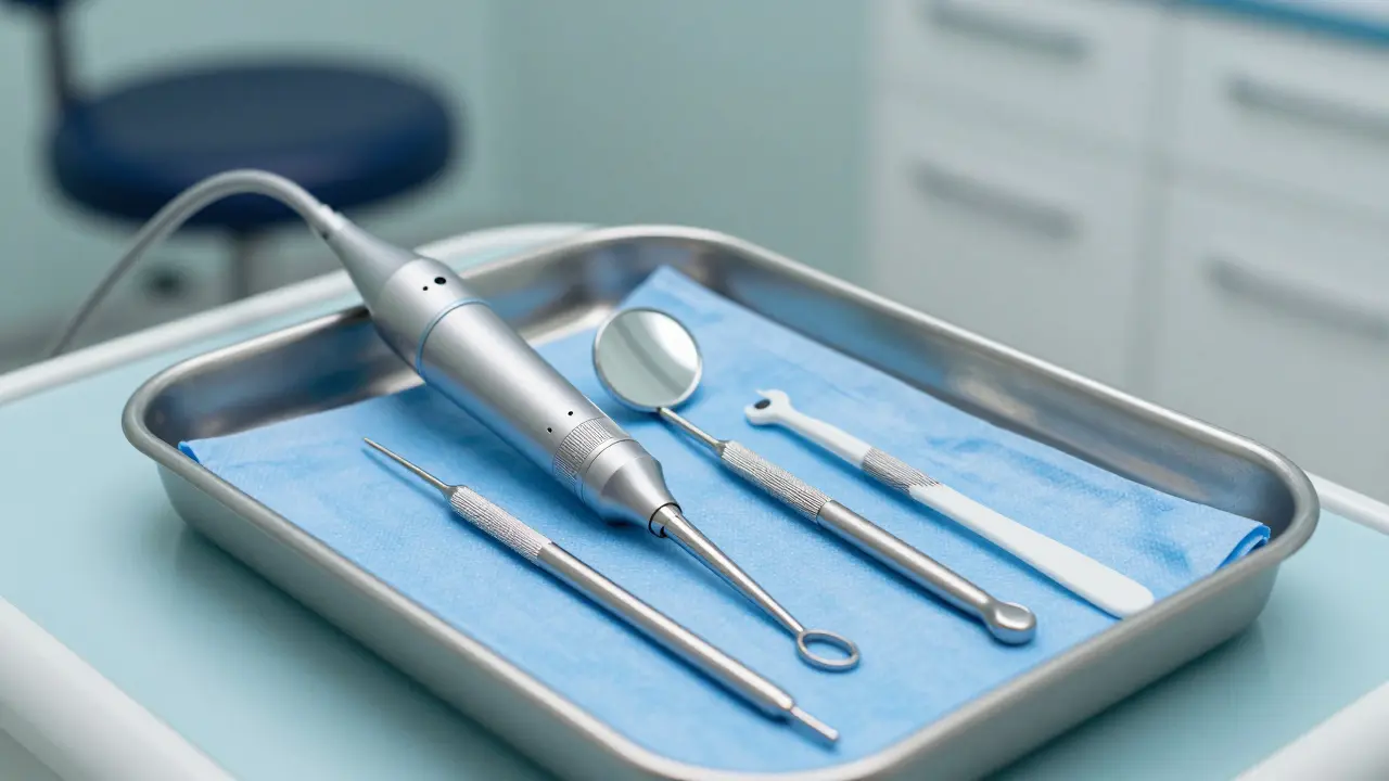 Sterilní zubní nástroje včetně ultrazvukového škála na modrém plátně.