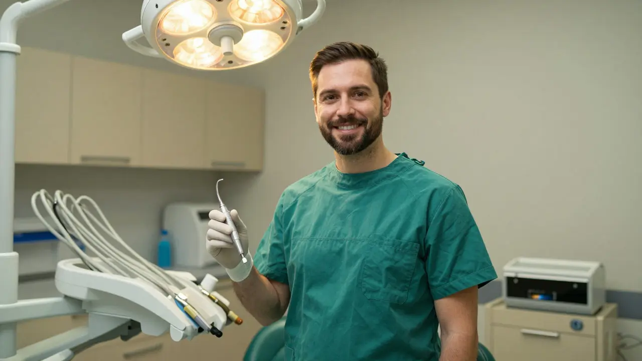 Stomatolog v ošetřovně připravuje nástroje k terapii.