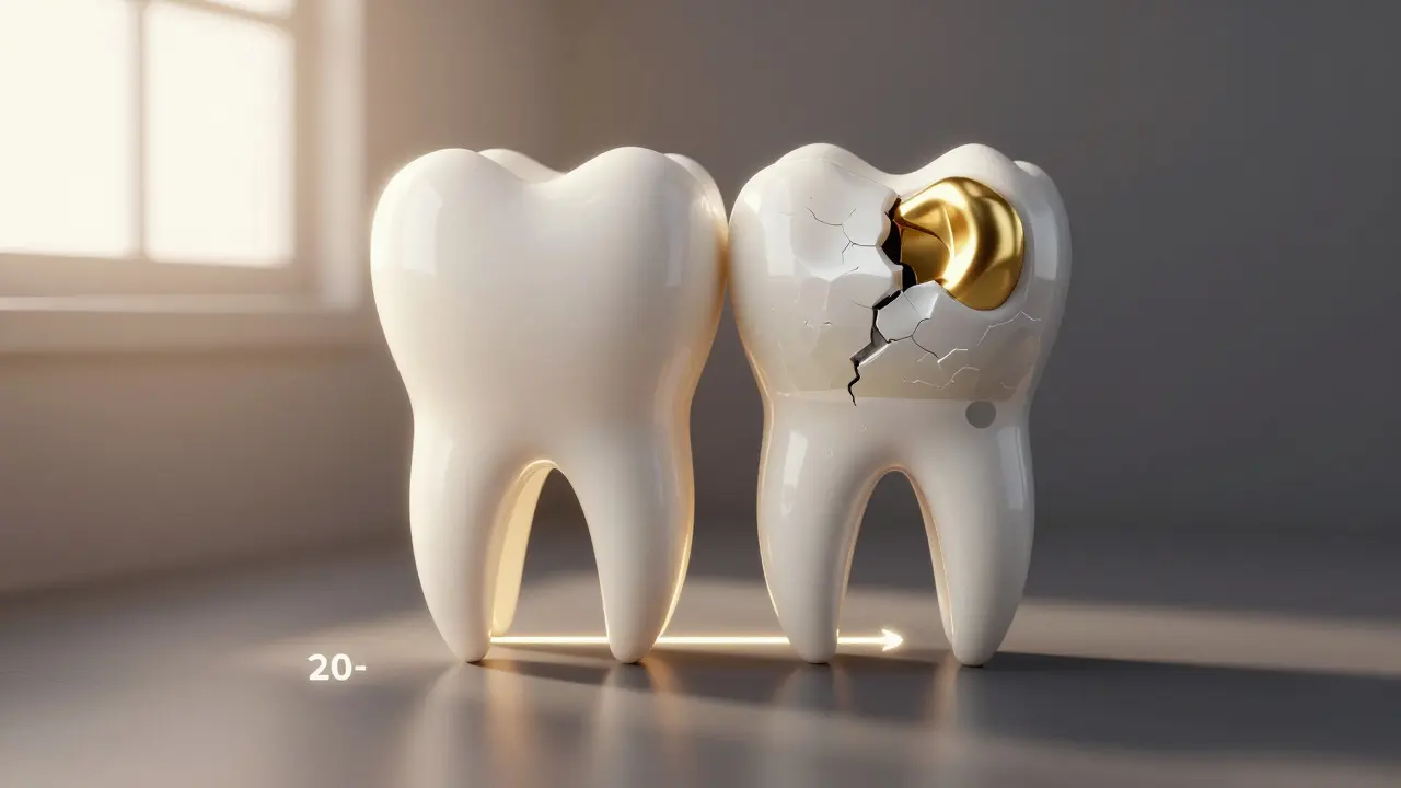 Struktura zlaté a keramické výplně vedle sebe na tvaru zubu, s časovou osou ukazující jejich odolnost a opotřebovanou kompozitní plombu v pozadí.