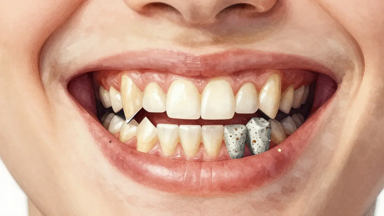 Symbolická ilustrace různých typů zubů jako nástrojů: řezáky jako nože, kaníky jako pilíře, moláry jako drápy.