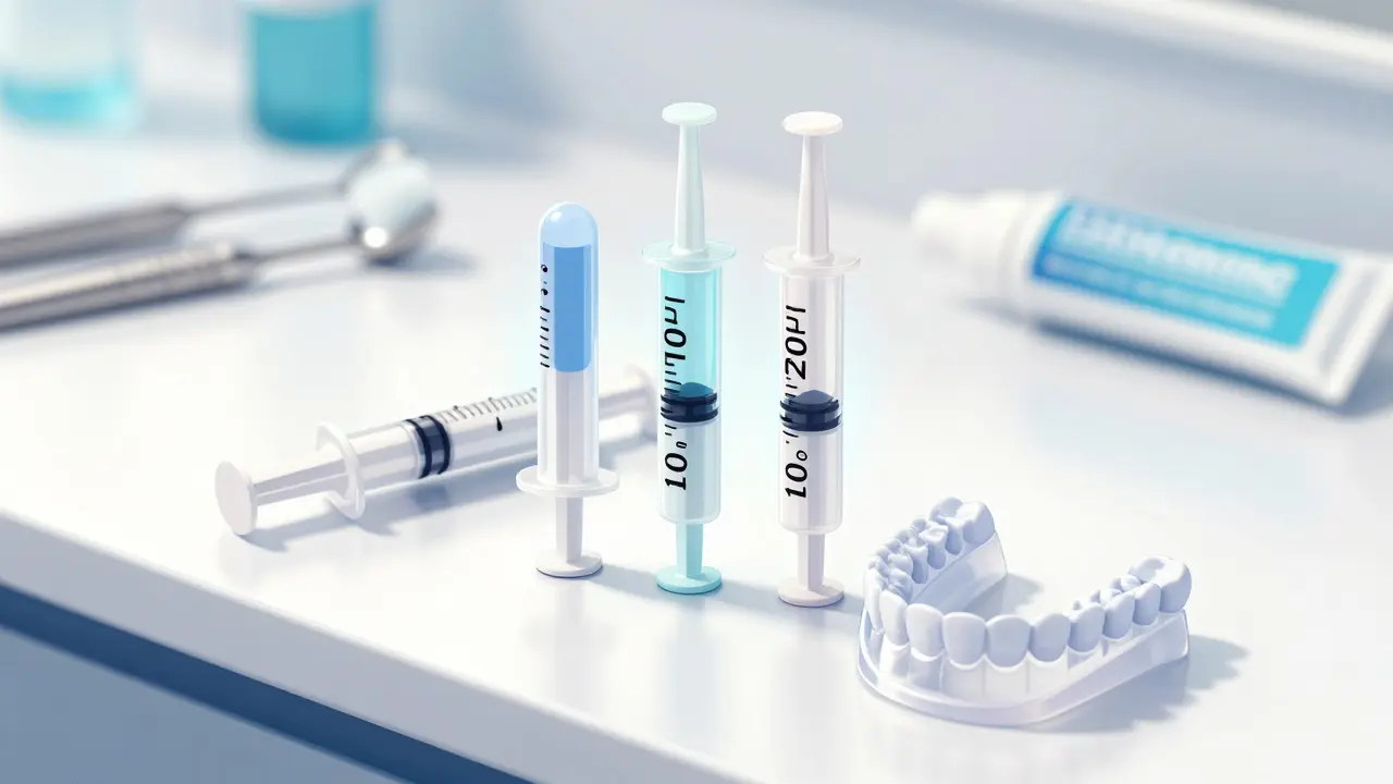 Tři koncentrace gelu Opalescence s bělícími lištami na bílém povrchu.