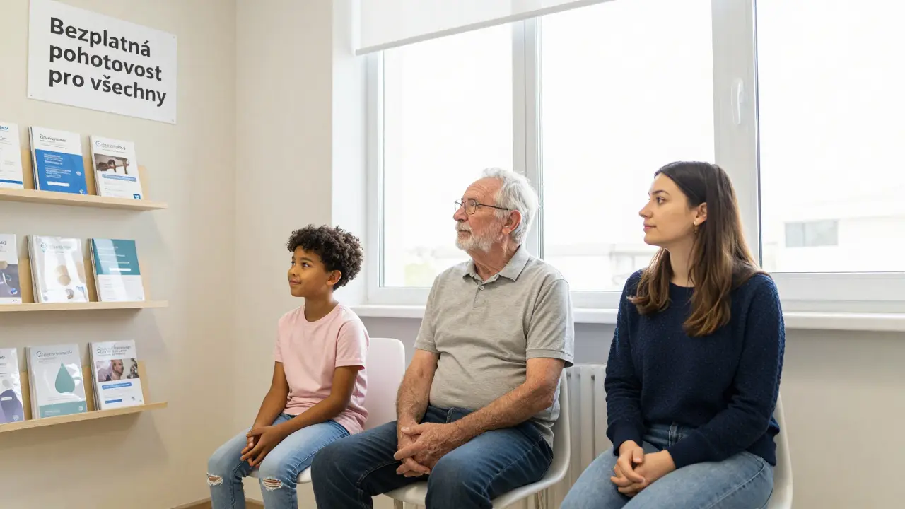 Tři pacienti čekají v bezplatné zubní pohotovosti v Praze s nápisem 'Bezplatná pohotovost pro všechny'.