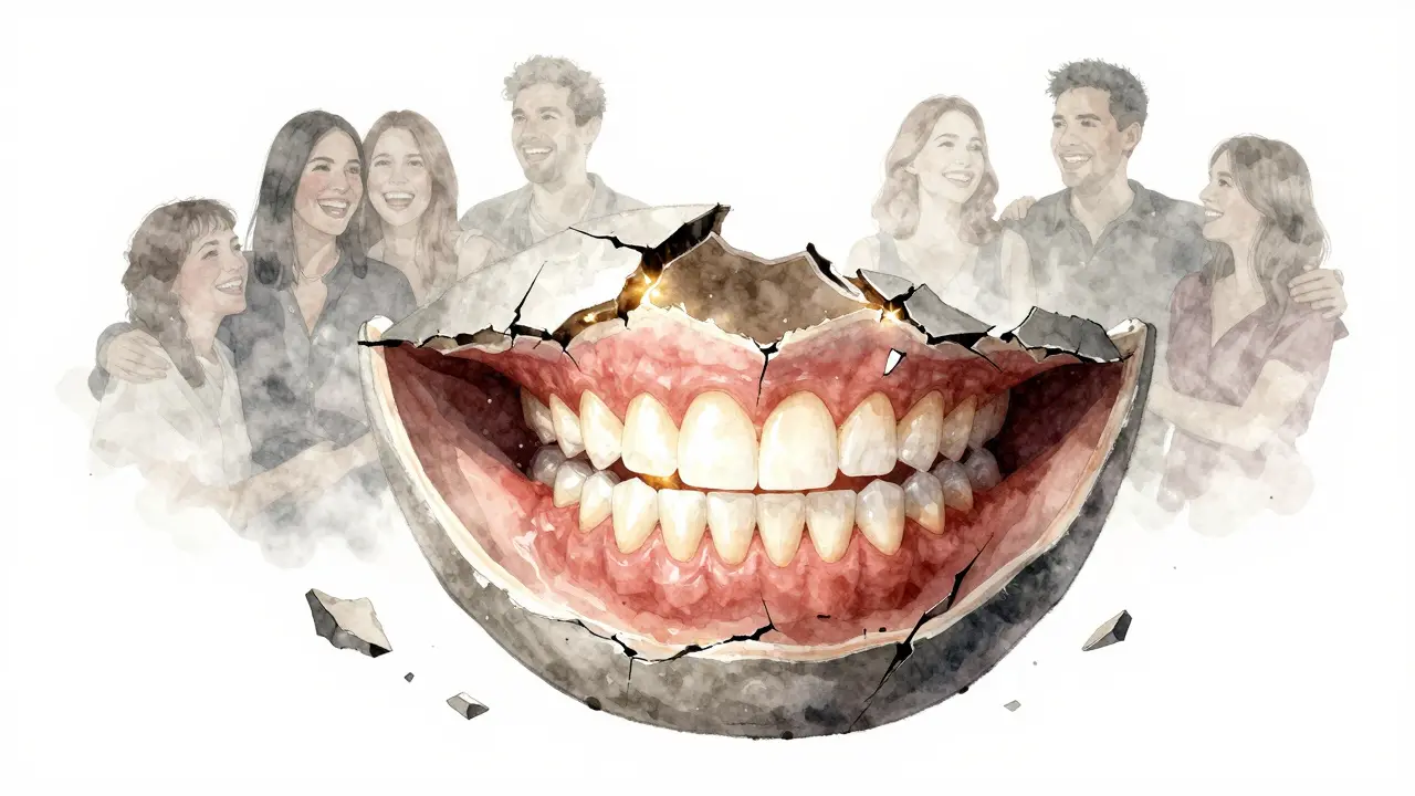 Úsměv vyrůstá z prasklé šedé skořápky, odhalující zářivé zuby a symbolizující sebevědomí.